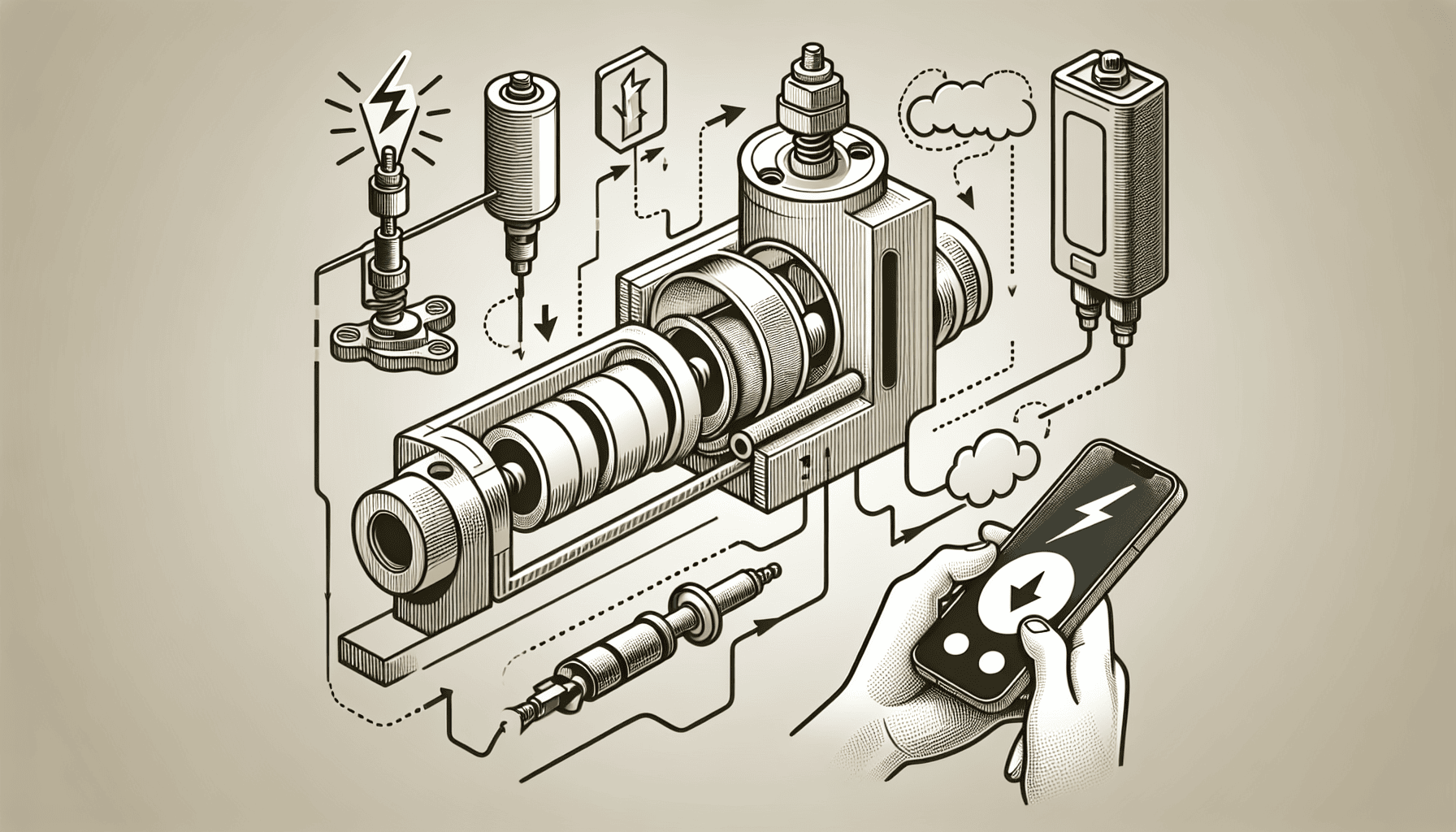 Illustration of an automated solenoid valve system controlled via smartphone, showing fluid management and electrical connectivity.