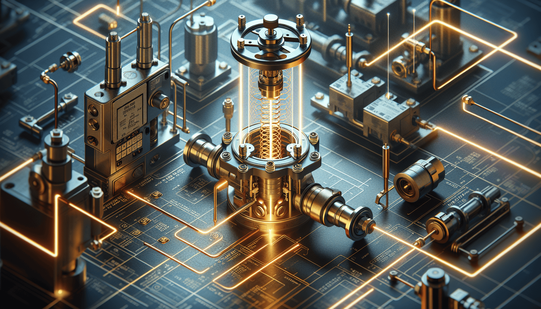 Close-up of solenoid valves and control components in an automated fluid control system, highlighting intricate engineering and precision.