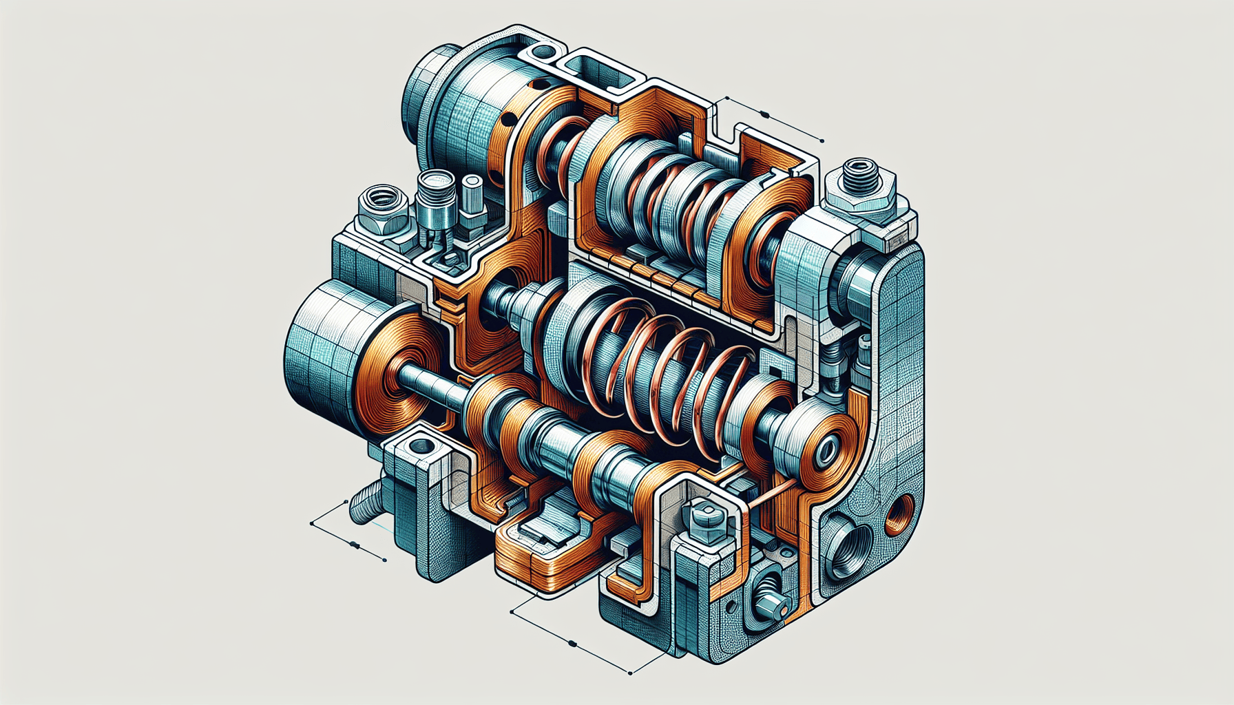 Detailed illustration of the internal components of an industrial solenoid valve, highlighting springs, coils, and structural elements.