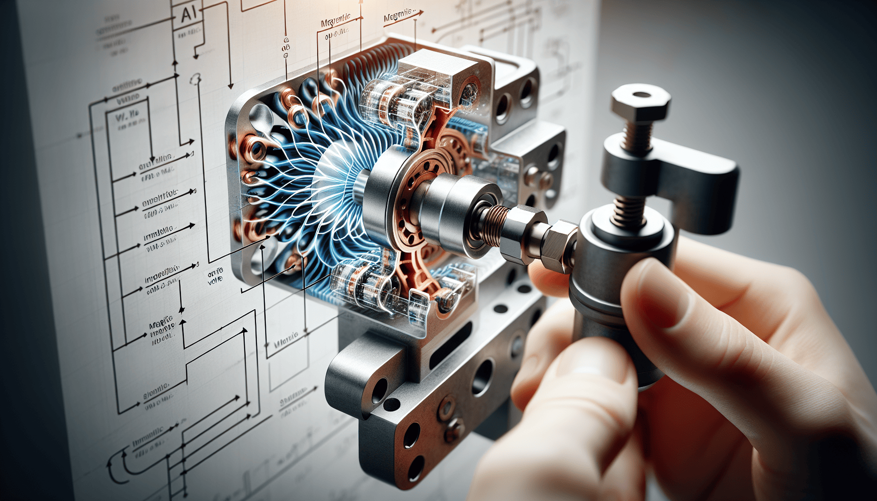 Engineer adjusting solenoid valve mechanism with detailed technical schematics in the background.