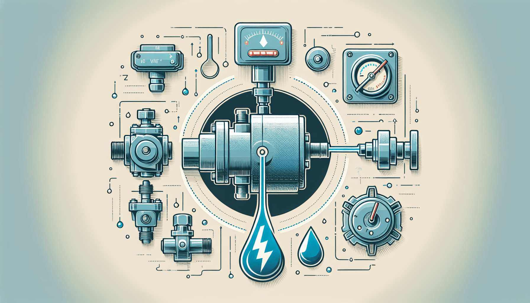 Diagram of industrial valve system with fluid control components, pressure gauges, and electric power symbols.