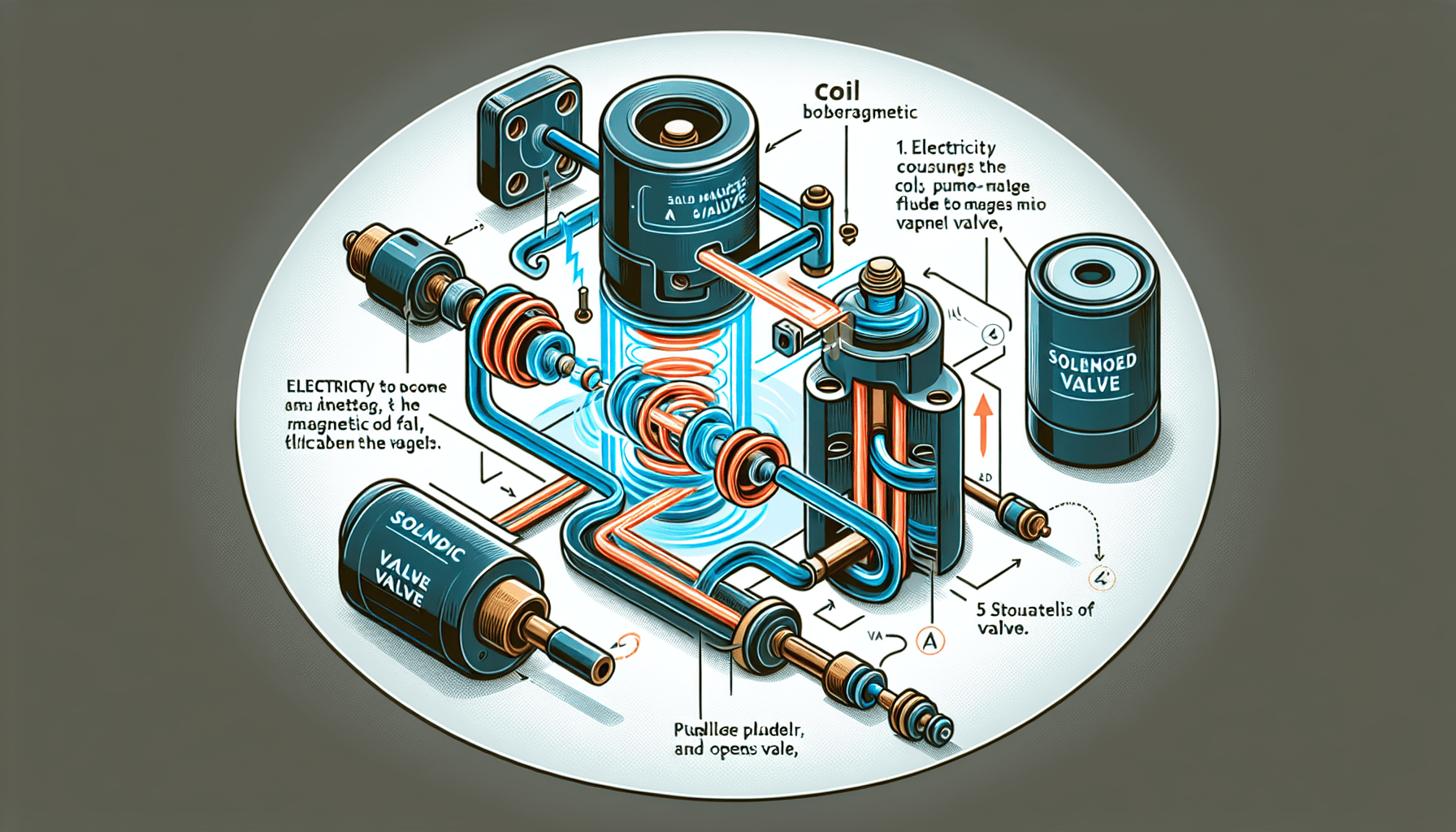 Illustrated diagram showing the inner workings of a solenoid valve, highlighting the coil, magnetic field, and valve components for fluid control.