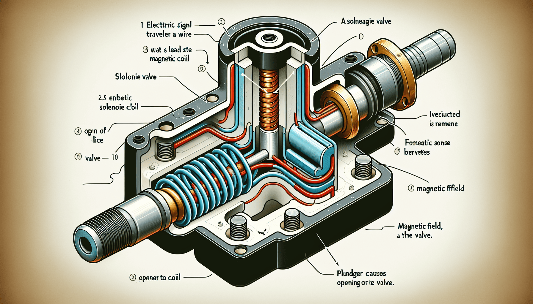 Diagram showing the cross-section of a solenoid valve, highlighting components like the solenoid coil, plunger, and magnetic field for fluid control.