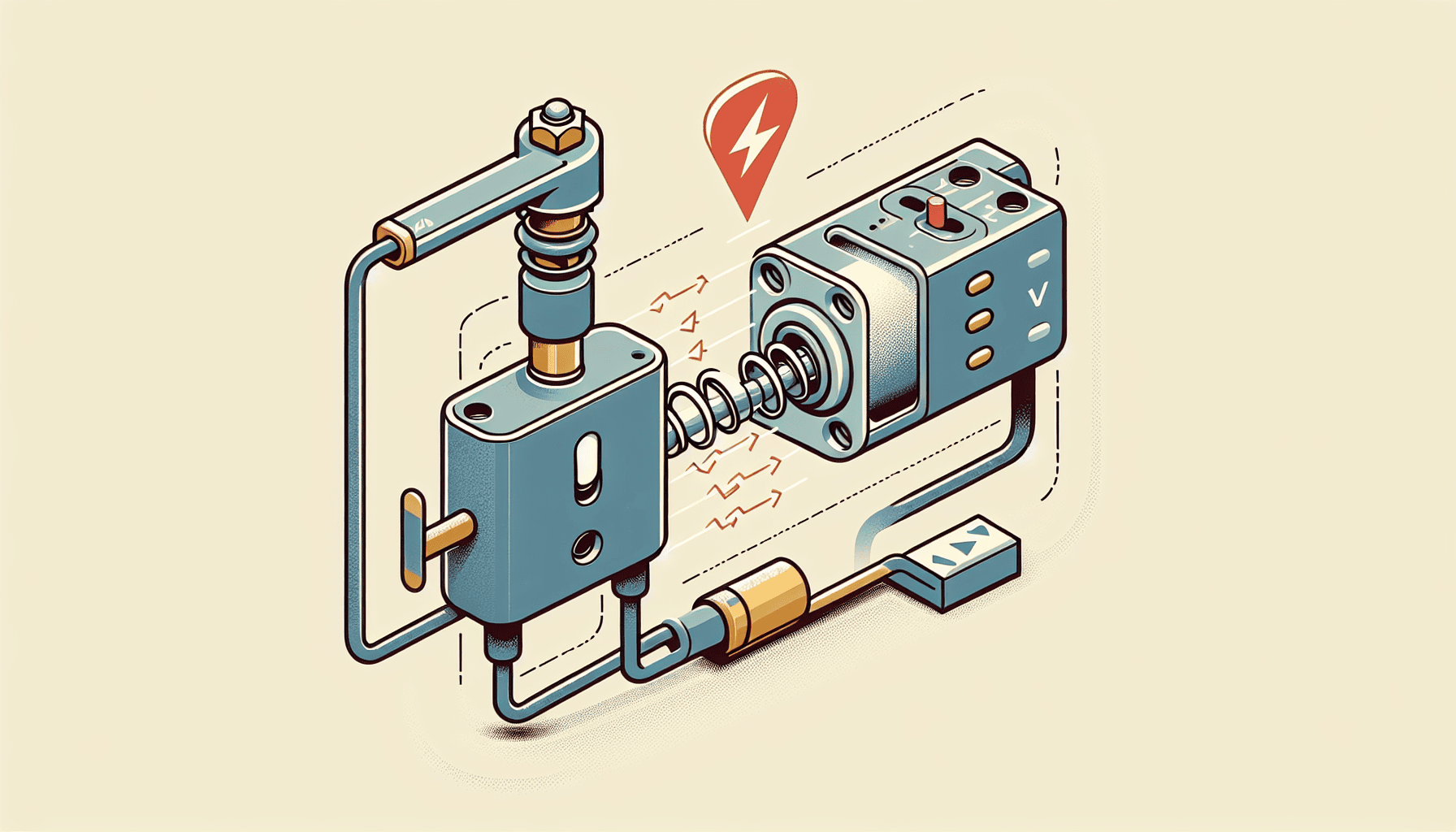 Illustration of a solenoid valve mechanism showing the flow of electricity and mechanical movement in an industrial fluid control system.