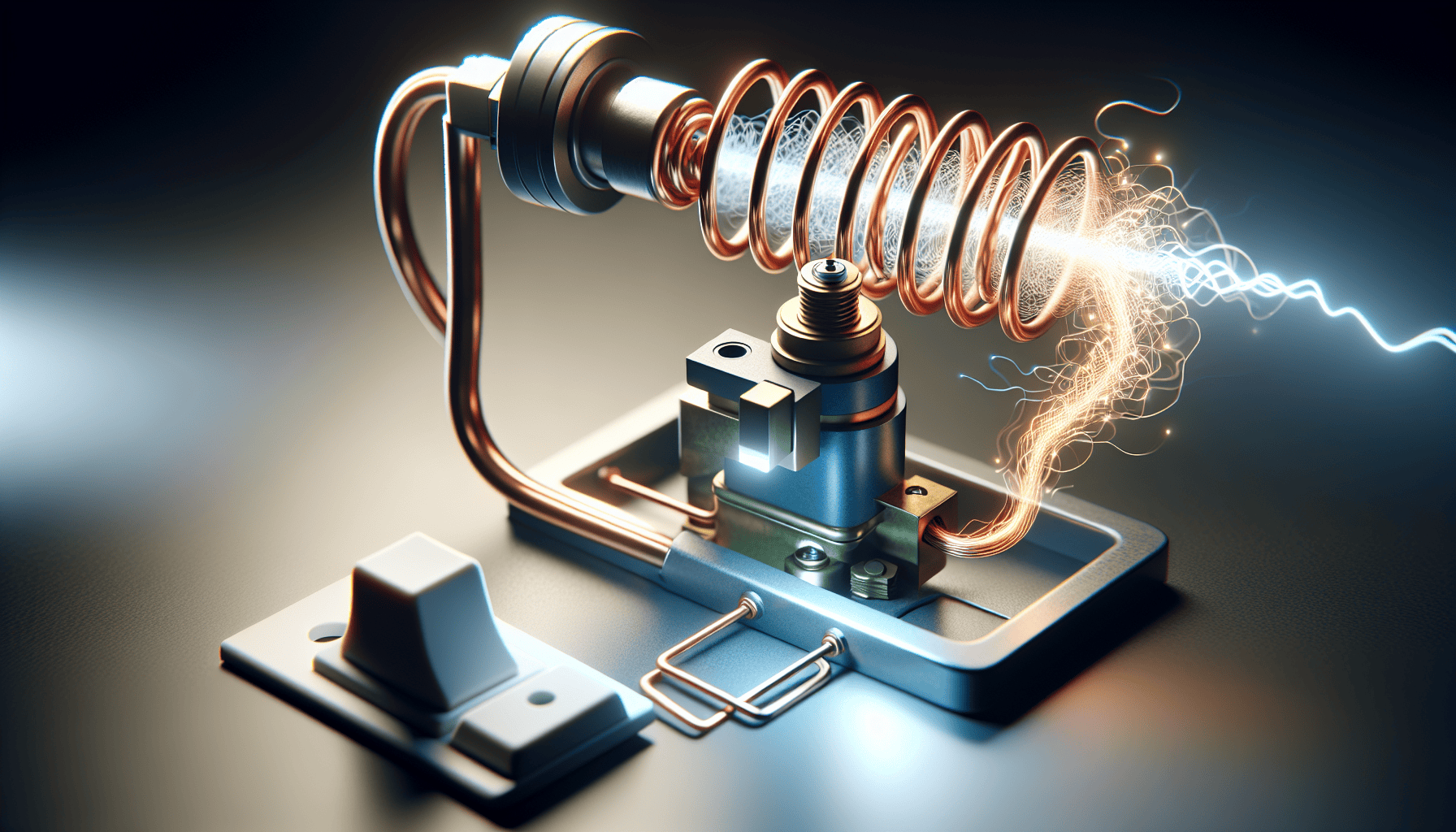 Illustration of a solenoid valve with an electromagnetic coil demonstrating fluid control through electrical energy.